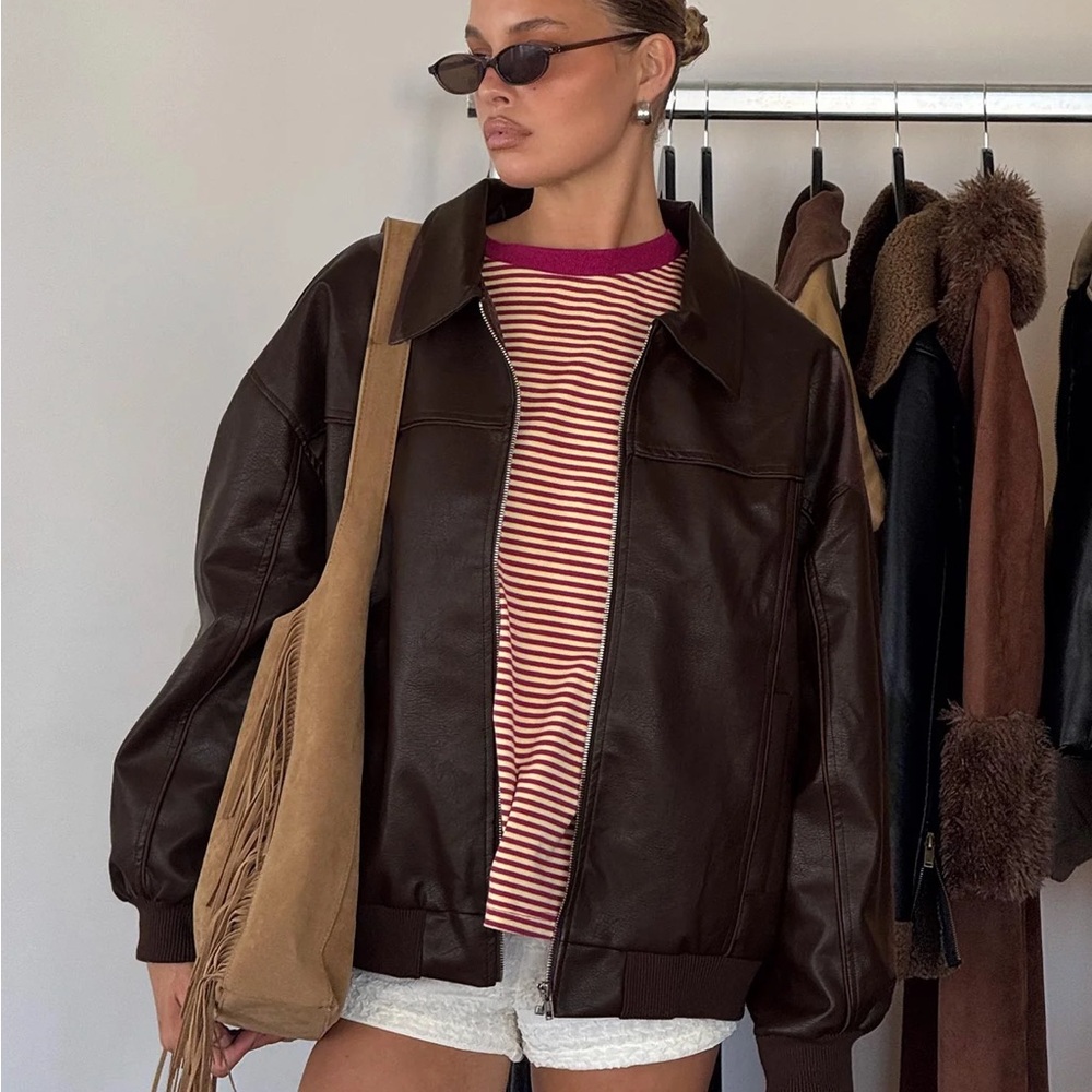 Faux Leather Bomber Jacket Brown